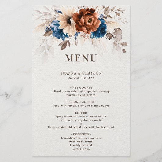 Terracotta Navy Blue Pampas Grass Wedding Menu (Voorkant)
