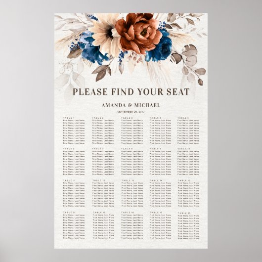 Terracotta Navy Blue Pampas Grass Zittabel Poster (Voorkant)