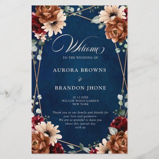 Terracotta Navy Burgundy Geometric Wedding Program (Voorkant)