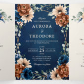 Terracotta Navyblauw Groene Geometrische Trouw Tr Drieluik Aankondiging (Binnenkant midden)