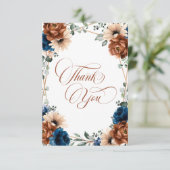 Terracotta Navyblauw Groenery Foto Bruiloft Bedankkaart (Staand voorkant)