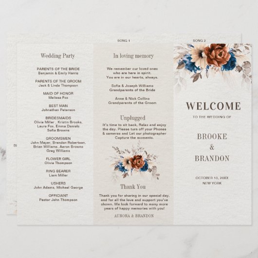 Terracotta Navyblauw Pampasgras Trouwprogramma (Voorkant / Achterkant)