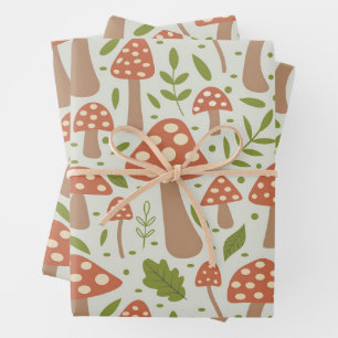Terracotta Paddenstoelen met Groene Bladeren Inpakpapier Vel