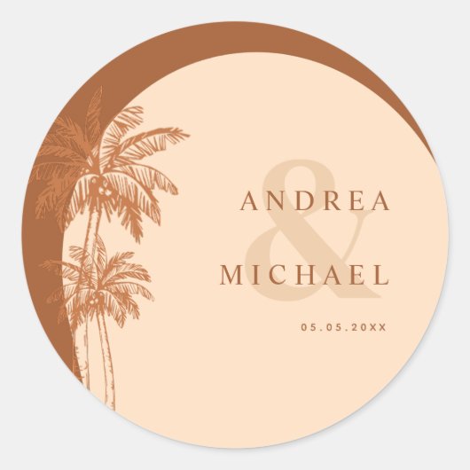 Terracotta Palm Trees & Ampersand Namen Bruiloft Ronde Sticker (Voorkant)