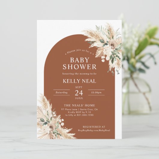 Terracotta Pampas Baby shower en herbe Invitation (Debout devant)