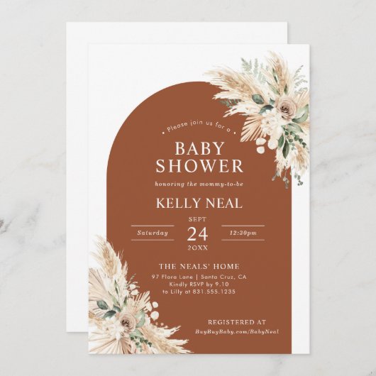 Terracotta Pampas Baby shower en herbe Invitation (Devant / Derrière)