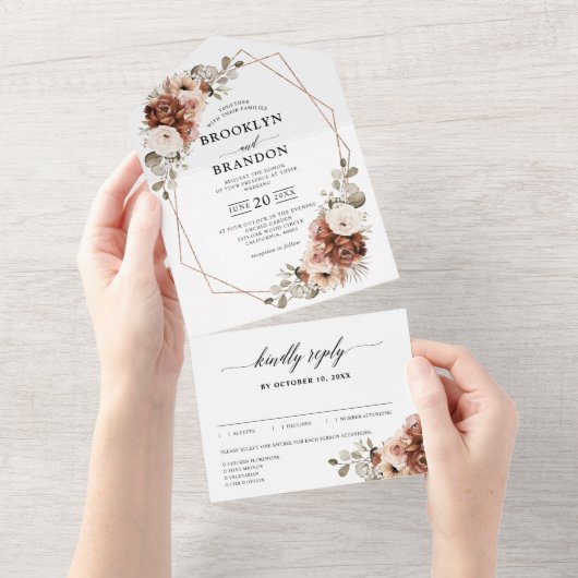 Terracotta Pampas Grass Rustic Geometric Wedding All In One Uitnodiging (Afscheurbaar)