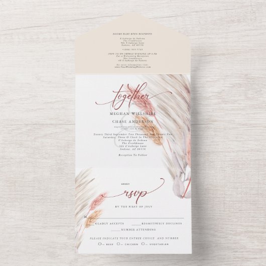 Terracotta Pampas Grass Wedding All In One Uitnodiging (Binnen)