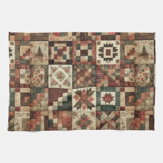 Terracotta patchwork en quilt rustieke bloemen theedoek (Horizontaal)