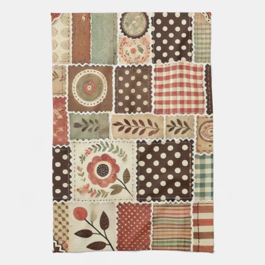 Terracotta patchwork en quilt rustieke bloemen theedoek (Verticaal)