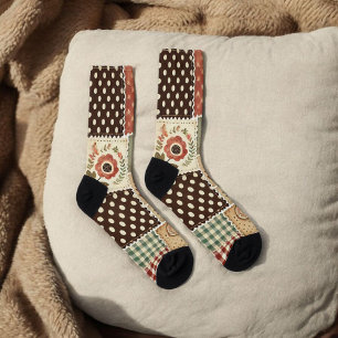 Terracotta Patchwork Quilt Patroon Retro Bloemen Sokken