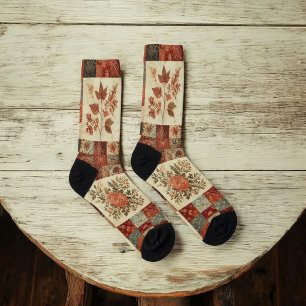 Terracotta Patchwork Quilt Patroon Retro Bloemen Sokken
