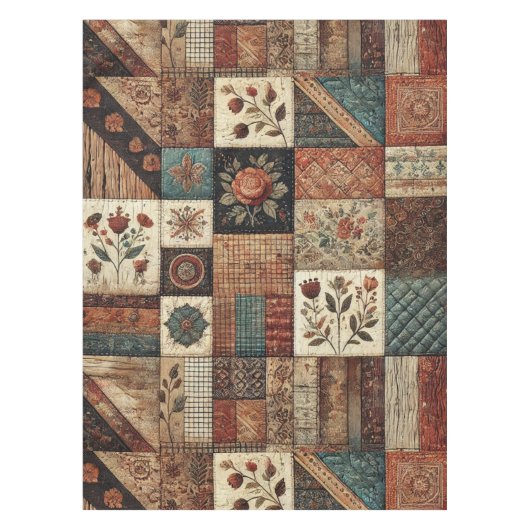 Terracotta Patchwork Quilt Rustieke  Bloemen Tafelkleed (Voorkant)