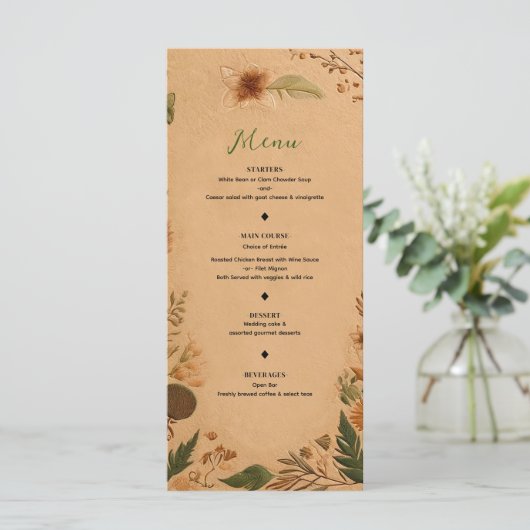 Terracotta Peach Pressé Fleurs Boho Menu Mariage (Debout devant)