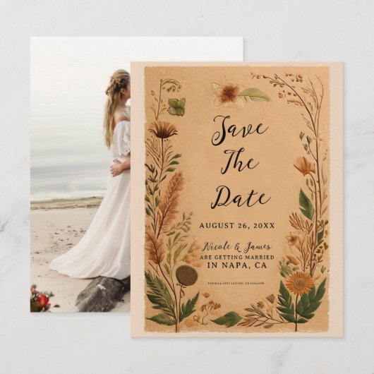 Terracotta perzik geperste bloemen Boho bruiloft Kaart (Voorkant / Achterkant)