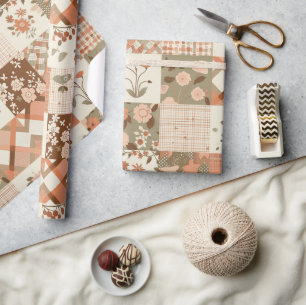 Terracotta Perzik Quilt Aards Gingham Cottagecore  Cadeaupapier
