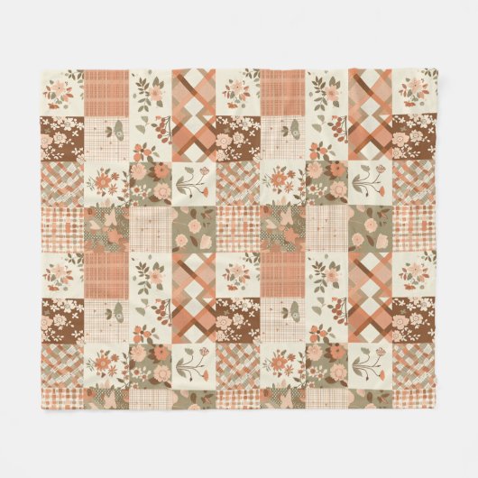 Terracotta Perzik Quilt Patchwork Gingham Bloem Fleece Deken (Voorkant (Horizontaal))