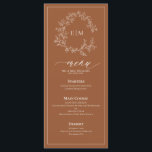 Terracotta Poitrine feuillus Monogram Menu Mariage<br><div class="desc">Créez le cadre de réception parfait ! Nous aimons ce Monogramme en terre cuite Monogram Mariage 4"x 9" Menu ! Simple, élégant et oh-so-joli, il présente une couronne feuilletée dessinée à la main encerclant un monogramme mariage moderne. Il est personnalisé en typographie élégante, et accentué par la calligraphie lettrée à...</div>