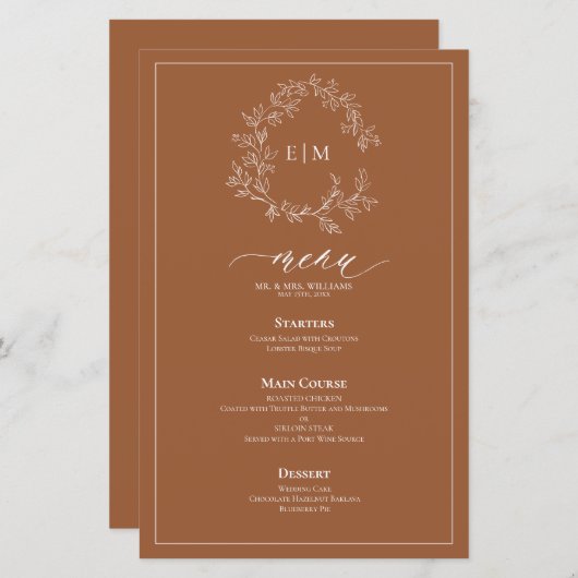 Terracotta Poitrine feuillus Monogram Menu Mariage (Devant / Derrière)