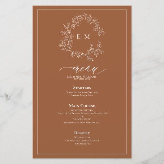 Terracotta Poitrine feuillus Monogram Menu Mariage (Devant)