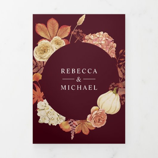 Terracotta Pompoen Bloemen QR Code Bourgogne Bruil Drieluik Uitnodiging (Cover)