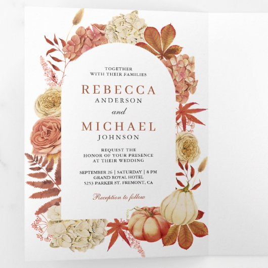 Terracotta Pompoen Bloemen QR Code Bruiloft Drieluik Uitnodiging (Binnenzijde eerst)