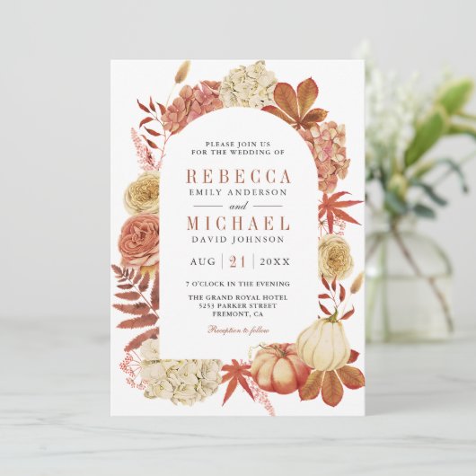 Terracotta Pompoen Bloemen QR Code Bruiloft Kaart (Staand voorkant)