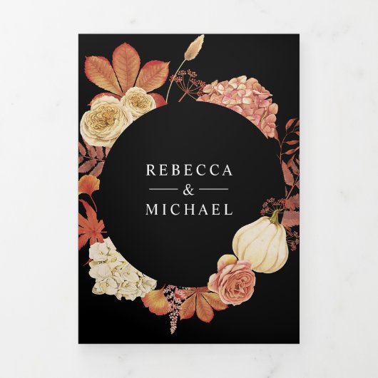 Terracotta Pompoen Bloemen QR Code Zwart Bruiloft Drieluik Uitnodiging (Cover)