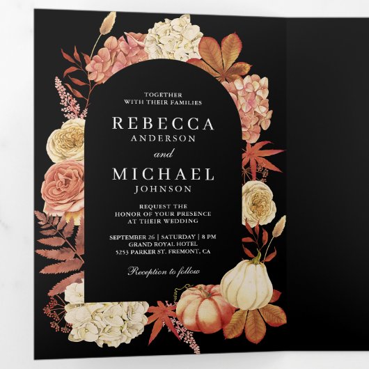 Terracotta Pompoen Bloemen QR Code Zwart Bruiloft Drieluik Uitnodiging (Binnenzijde eerst)