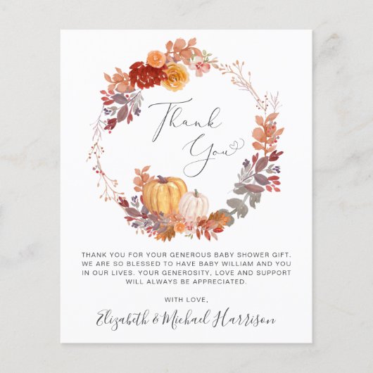 Terracotta Pompoen Waterverf Baby Dank u kaart (Voorkant)