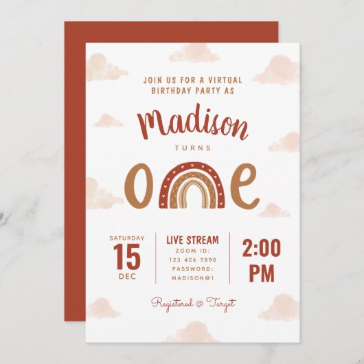 Terracotta Rainbow Boho Virtual First Birthday Kaart (Voorkant / Achterkant)