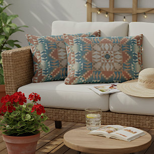 Terracotta Red Brown beige Blauwgroen Blue Tribal  Buitenkussen