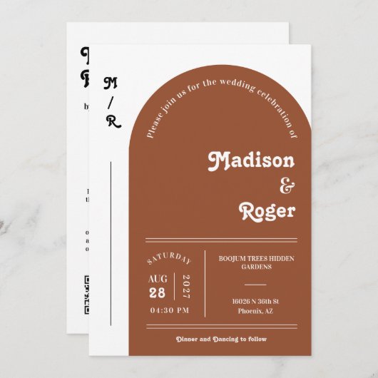 Terracotta Retro Arch Photo QR Code RSVP Groovy Kaart (Voorkant / Achterkant)