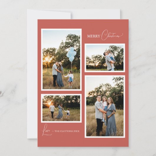 Terracotta Retro Boho Minimalistische Vier Foto Feestdagenkaart (Voorkant)