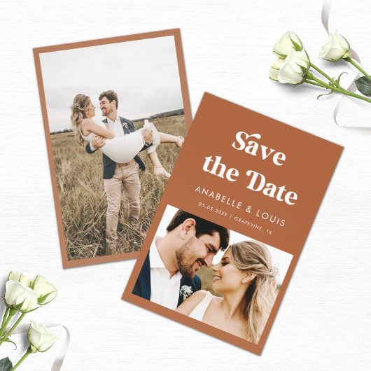 Terracotta Retro  Script & 2 Photo Wedding Save The Date