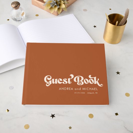 Terracotta Retro Typography Whimsical 70's Wedding Gastenboek (Voorkant open)