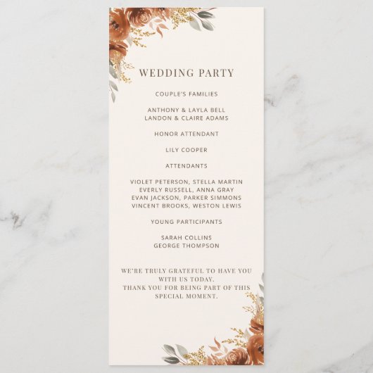 Terracotta Roest Herfst Bloemen Trouwprogramma Programma (Achterkant)