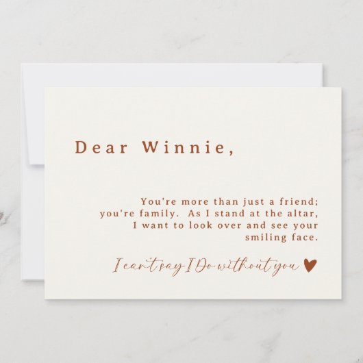 Terracotta Roest Script Bruidsmeisje voorstel Kaar Kaart (Achterkant)