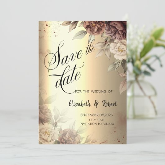 Terracotta Rozen Elegant Gold Script Save the Date (Staand voorkant)