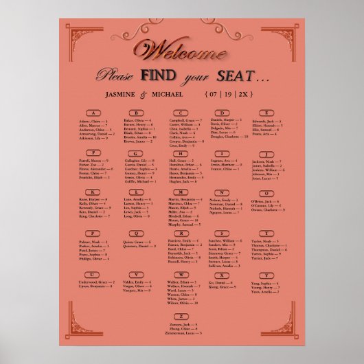Terracotta Rust Alphabetical Wedding Seating Chart Poster (Voorkant)
