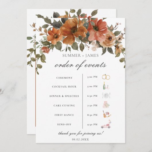 Terracotta Rust Bloemen Herfst Trouwvolgorde van h Programma (Voorkant / Achterkant)