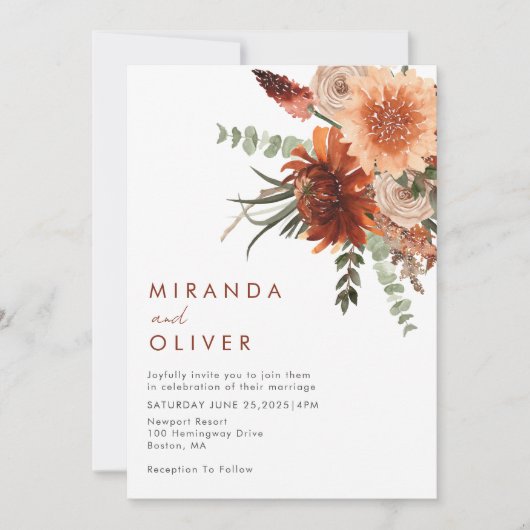 Terracotta Rust Boho Waterverf Bloemenbruiloft Kaart (Voorkant)