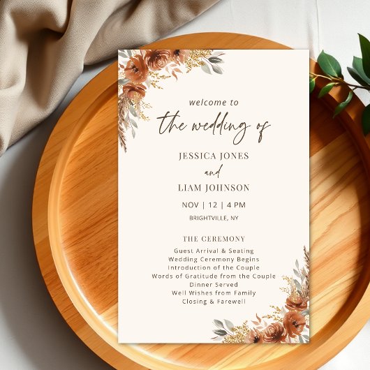Terracotta Rust Fall Floral Wedding Programme