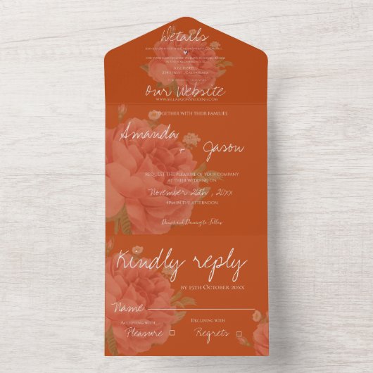 Terracotta Rust Floral Monogram  huwelijk All In One Uitnodiging (Binnen)