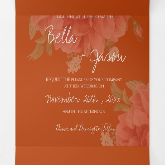 Terracotta Rust Floral Monogram  huwelijk Drieluik Uitnodiging (Binnenkant midden)