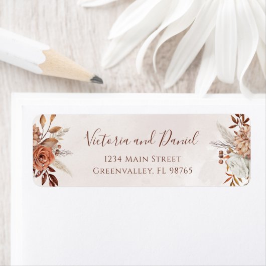 Terracotta Rust Flowers Boho Herfst Foliage Weddin Etiket (Insitu)