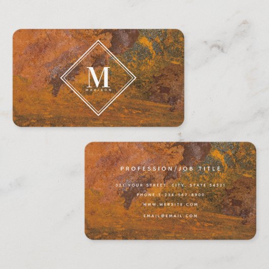Terracotta Rust Metallic Texture Monogram Initial Visitekaartje (Voorkant / Achterkant)