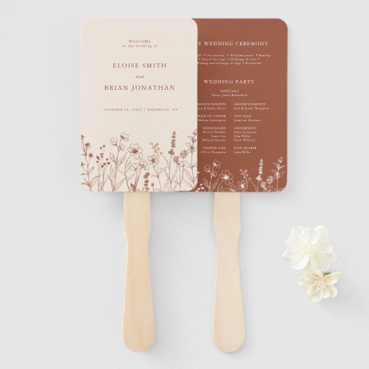 Terracotta Rustic Herfst Wildflower Wedding Progra Handwaaier (Voorkant en achterkant)