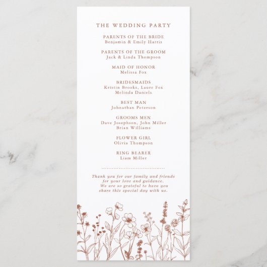 Terracotta Rustic Herfst Wildflower Wedding Progra Programma (Achterkant)