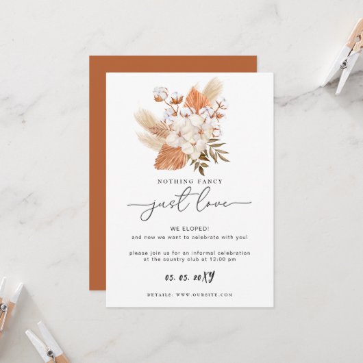 Terracotta Rustic Pampas Grass Wedding Reception Kaart (Voorkant / Achterkant in situ)